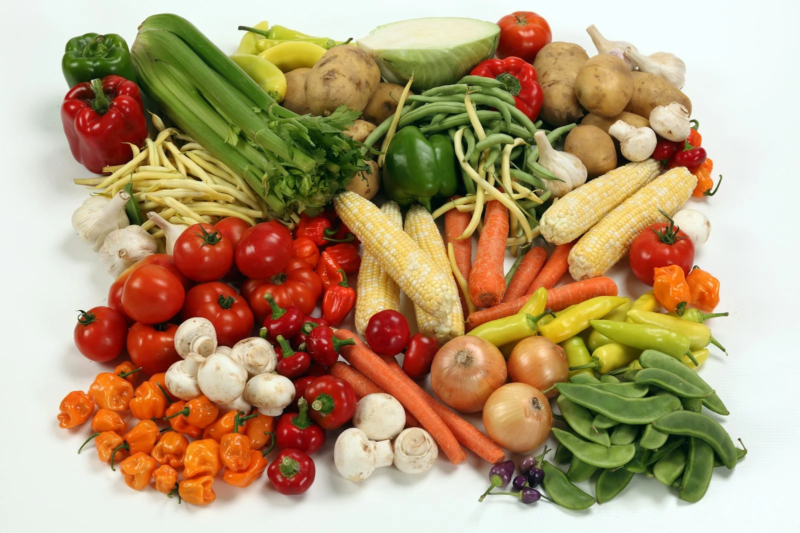 Pile of fresh vegetables including broccoli, peppers, corn and tomatoes